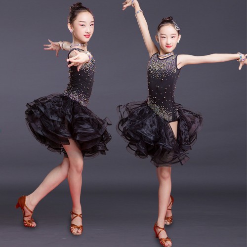 Girls pink black colored Latin dance dresses latin Puffy skirt one-piece salsa latin stage performance costumes for kids
